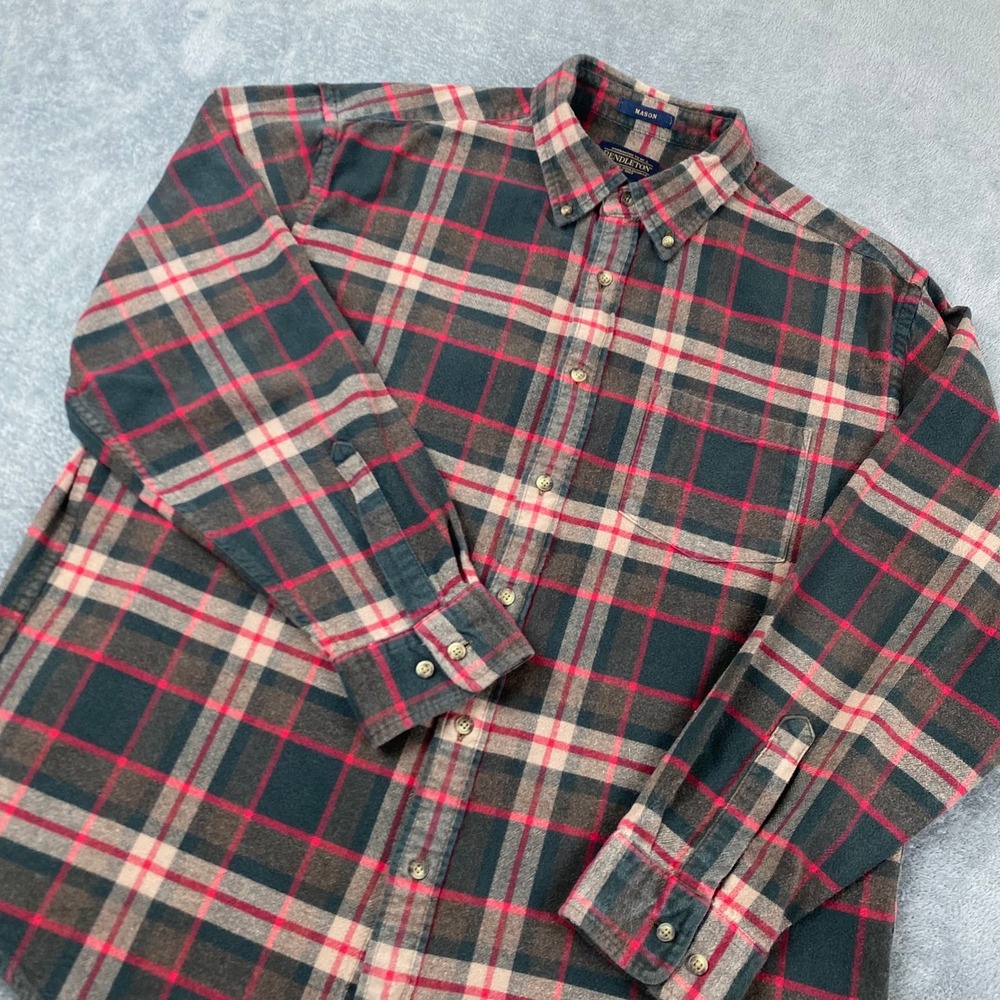 Pendleton Mens XL Mason Flannel Shirt Green Red Plaid Cotton Button Down